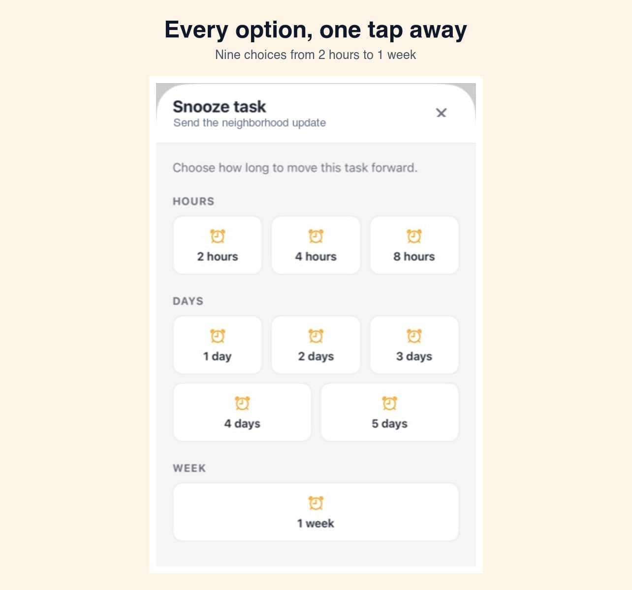 Privacy-sanitized Taskitos mobile capture showing all nine snooze choices: 2, 4, and 8 hours; 1, 2, 3, 4, and 5 days; and 1 week.