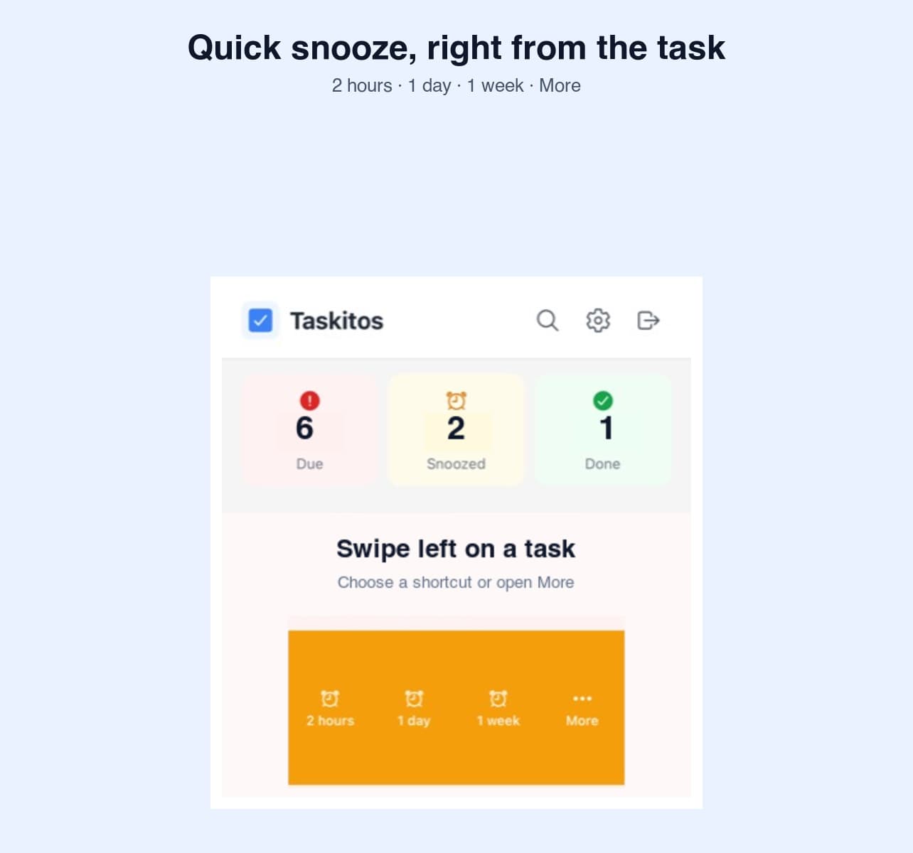 Privacy-sanitized Taskitos mobile capture showing the 2 hours, 1 day, 1 week, and More swipe shortcuts.
