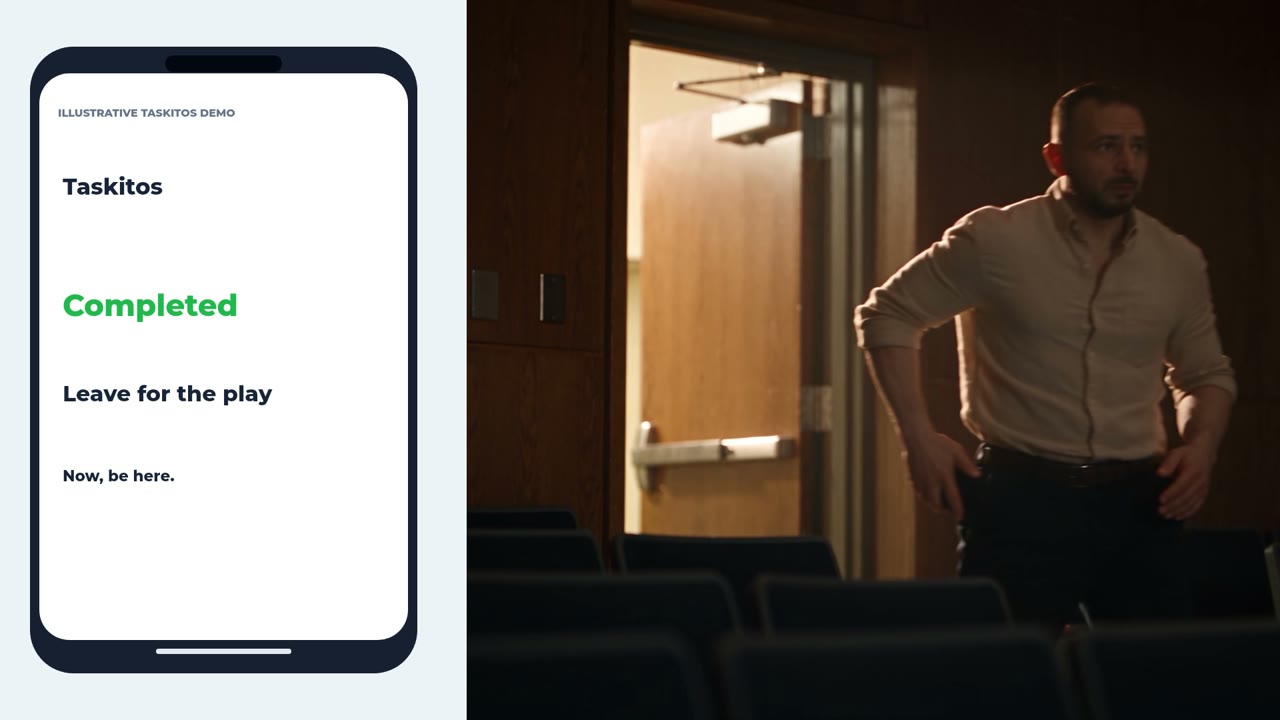 Illustrative Taskitos completion screen beside Tarek arriving at a theater